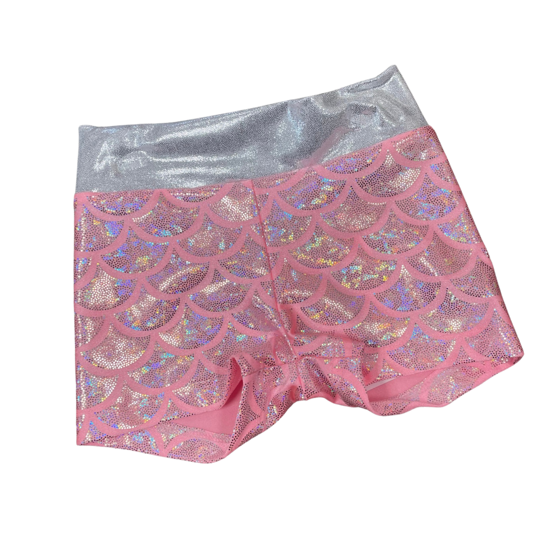 ◆GLOWNY◆ TWIRL FLARE SHORTS PINK BOUQUET GY25LWPT005PK Pink Metallic Shimmer Mermaid Athletic Shorts — Sparkles